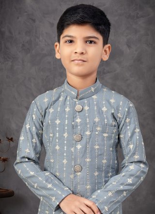 Digital Print and Machine Embroidery Work Silk Indo Western In Grey