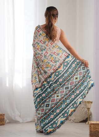 Digital Print and Mirror Work Chinon Classic Saree In Off White for Casual