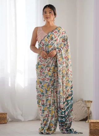 Digital Print and Mirror Work Chinon Classic Saree In Off White for Casual