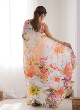 Digital Print and Mirror Work Chinon Classic Sari In Multi Colour for Casual