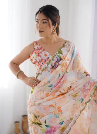 Digital Print and Mirror Work Chinon Classic Sari In Multi Colour for Casual