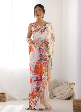 Digital Print and Mirror Work Chinon Classic Sari In Multi Colour for Casual