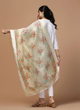 Digital Print and Woven Work Organza Dupatta Dupatta In Cream