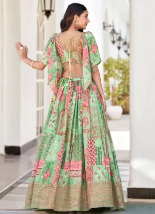 Digital Print, Dori, Embroidered and Zari Work Chinon A - Line Lehenga Choli In Green for Engagement