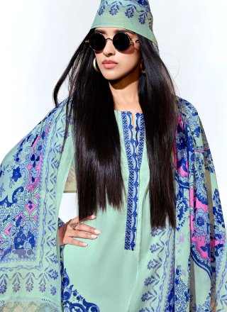 Digital Print, Embroidered and Lace Work Linen Salwar Suit In Sea Green for Ceremonial