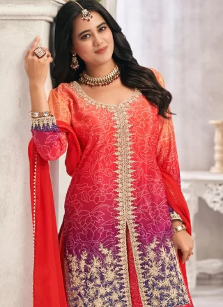 Digital Print, Embroidered and Zari Work Chinon Readymade Salwar Suit In Multi Colour