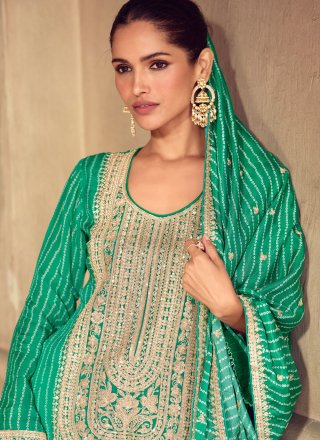 Digital Print, Embroidered and Zari Work Chinon Sharara Set In Green Color