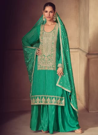 Digital Print, Embroidered and Zari Work Chinon Sharara Set In Green Color