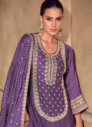 Digital Print, Embroidered and Zari Work Chinon Sharara Set In Purple Color