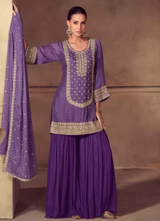 Digital Print, Embroidered and Zari Work Chinon Sharara Set In Purple Color