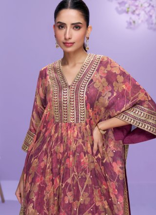 Digital Print, Embroidered and Zari Work Georgette Salwar Suit In Purple Colour