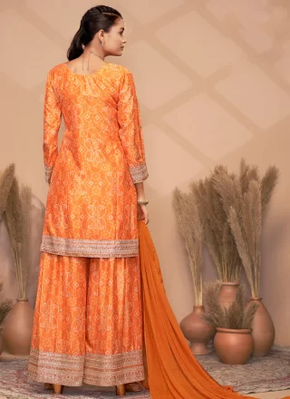 Digital Print, Embroidered, Mirror, Sequins and Stone Work Chinon Readymade Salwar Suit In Orange Colour