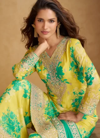 Digital Print, Embroidered, Mirror, Sequins and Zari Work Chinon Readymade Salwar Suit In Yellow