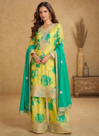 Digital Print, Embroidered, Mirror, Sequins and Zari Work Chinon Readymade Salwar Suit In Yellow