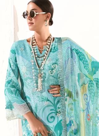 Digital Print, Embroidered, Patch Border and Resham Work Muslin Salwar Suit In Aqua Blue Colour