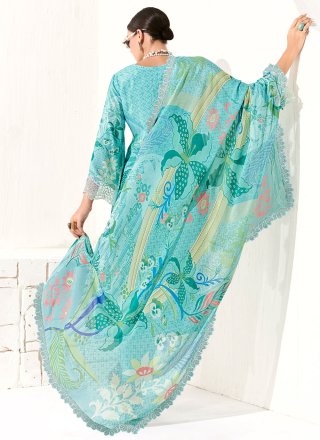 Digital Print, Embroidered, Patch Border and Resham Work Muslin Salwar Suit In Aqua Blue Colour