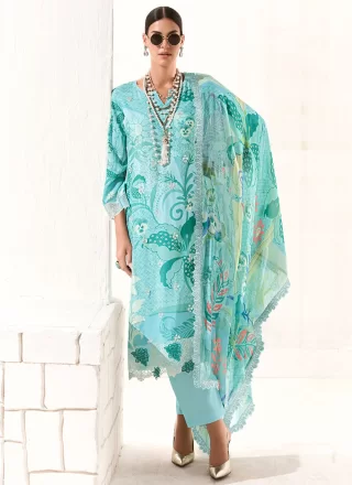 Digital Print, Embroidered, Patch Border and Resham Work Muslin Salwar Suit In Aqua Blue Colour
