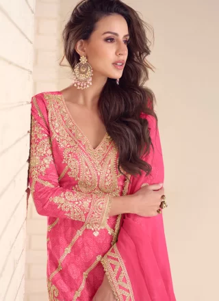 Digital Print, Embroidered, Sequins and Zari Work Chinon Readymade Salwar Suit In Pink for Festival