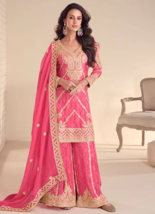 Digital Print, Embroidered, Sequins and Zari Work Chinon Readymade Salwar Suit In Pink for Festival