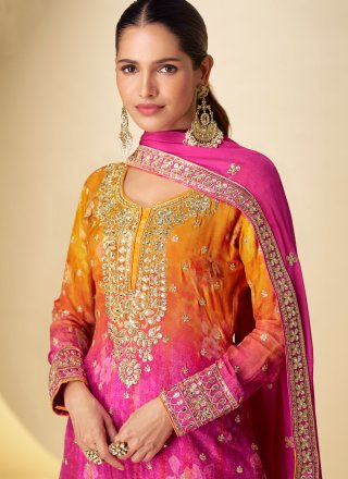 Digital Print, Embroidered, Sequins and Zari Work Chinon Salwar Suit In Rani and Yellow Colour