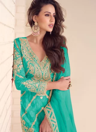 Digital Print, Embroidered, Sequins and Zari Work Chinon Salwar Suit In Turquoise for Festival