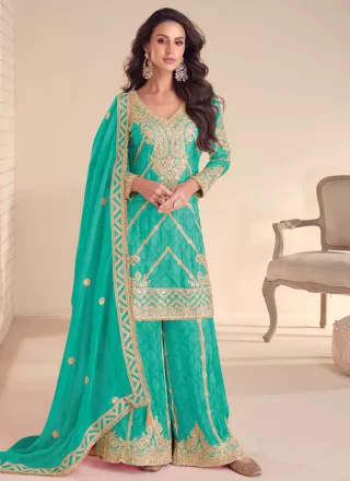 Digital Print, Embroidered, Sequins and Zari Work Chinon Salwar Suit In Turquoise for Festival