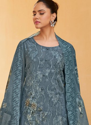 Digital Print, Floral Patch, Resham and Thread Work Organza Salwar Suit In Grey
