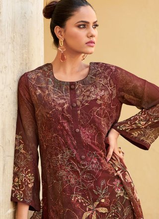 Digital Print, Floral Patch, Resham and Thread Work Organza Salwar Suit In Wine