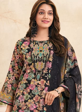 Digital Print, Resham, Thread and Zari Work Cotton Lawn Salwar Suit In Black Colour