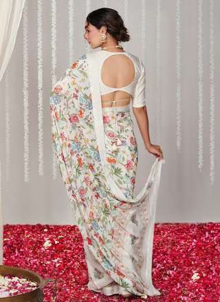 Digital Print Work Chiffon Casual Sari In Off White for Casual