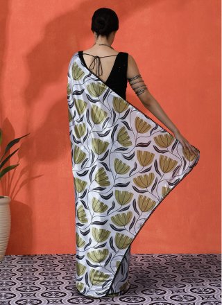 Digital Print Work Chinon Contemporary Saree In Off White