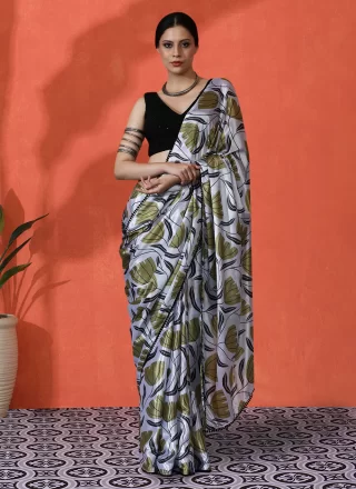 Digital Print Work Chinon Contemporary Saree In Off White