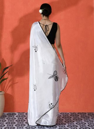 Digital Print Work Chinon Trendy Saree In Off White Color
