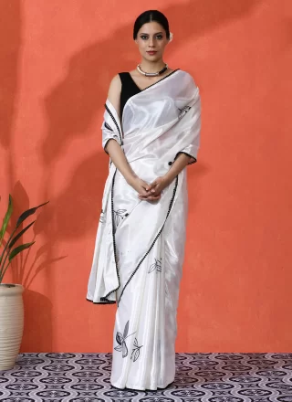 Digital Print Work Chinon Trendy Saree In Off White Color