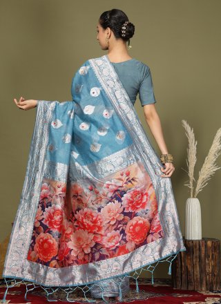 Digital Print Work Cotton Classic Saree In Aqua Blue