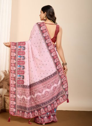 Digital Print Work Cotton Classic Sari In Pink for Casual