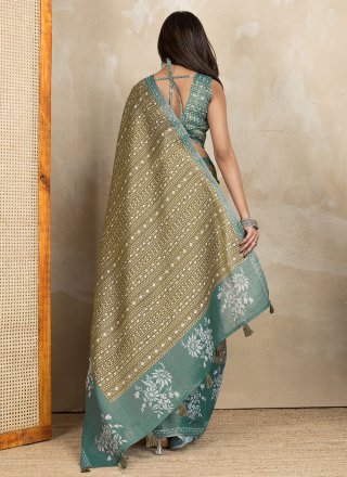 Digital Print Work Cotton Contemporary Saree In Green for Casual