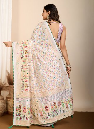 Digital Print Work Cotton Contemporary Saree In Off White
