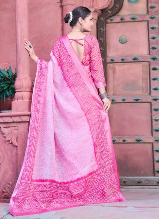 Digital Print Work Cotton Contemporary Sari In Pink for Casual