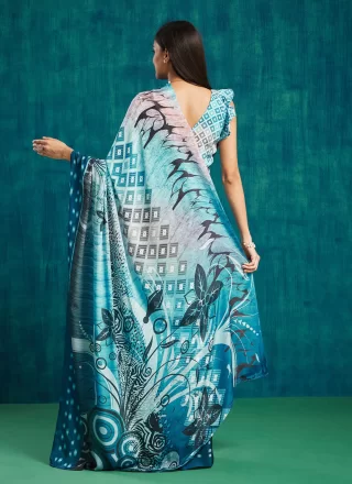 Digital Print Work Crepe Silk Classic Sari In Blue for Ceremonial