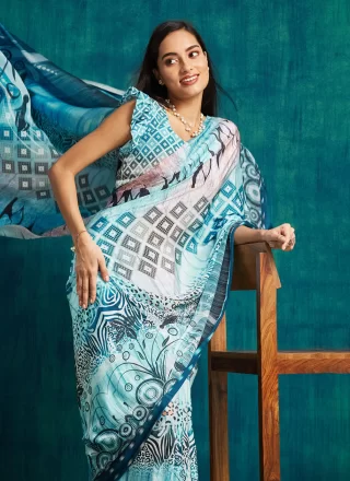 Digital Print Work Crepe Silk Classic Sari In Blue for Ceremonial