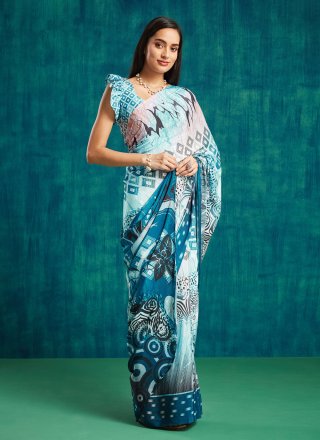 Digital Print Work Crepe Silk Classic Sari In Blue for Ceremonial