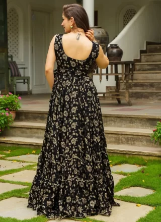 Digital Print Work Georgette Gown In Black Colour