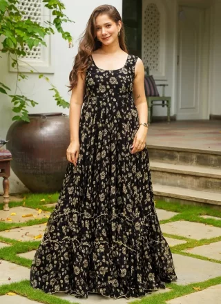 Digital Print Work Georgette Gown In Black Colour