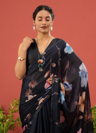 Digital Print Work Georgette Trendy Saree In Black for Casual