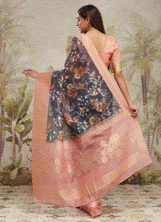 Digital Print Work Jacquard Silk Contemporary Sari In Blue Color