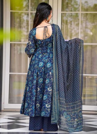 Digital Print Work Muslin Readymade Salwar Suit In Blue for Ceremonial