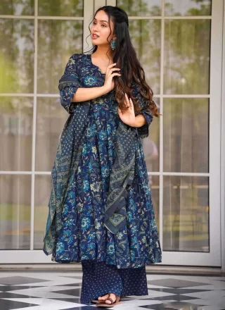Digital Print Work Muslin Readymade Salwar Suit In Blue for Ceremonial