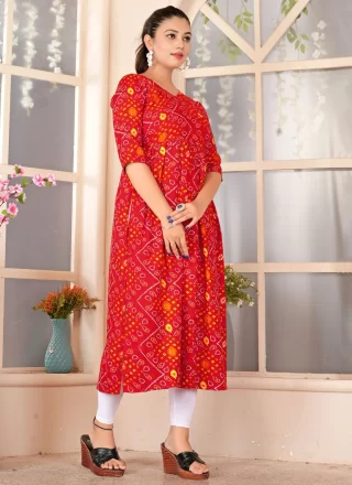 Digital Print Work Rayon Casual Kurti In Red for Casual