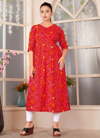 Digital Print Work Rayon Casual Kurti In Red for Casual